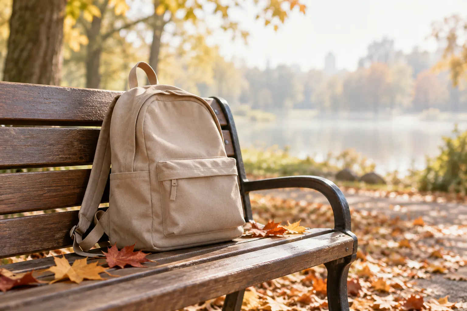 Iskolatáska egy parkpadon, körülötte őszi falevelek